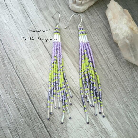 Jellyfish Beaded Fringe Shoulder Duster Dangle Earrings, Purple & Green 4.5" - Picture 6 of 9